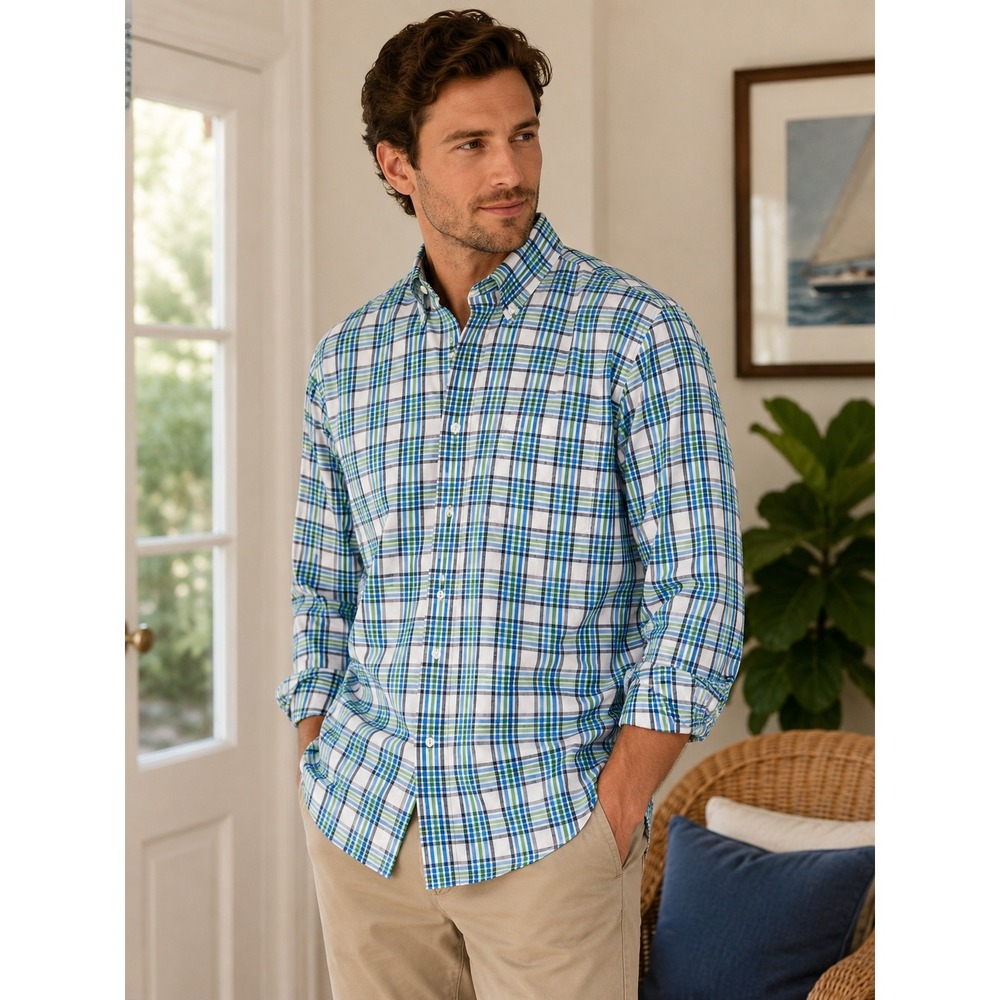 Alan Flusser Blue Green‎ Plaid Cotton Button Down Shirt Large